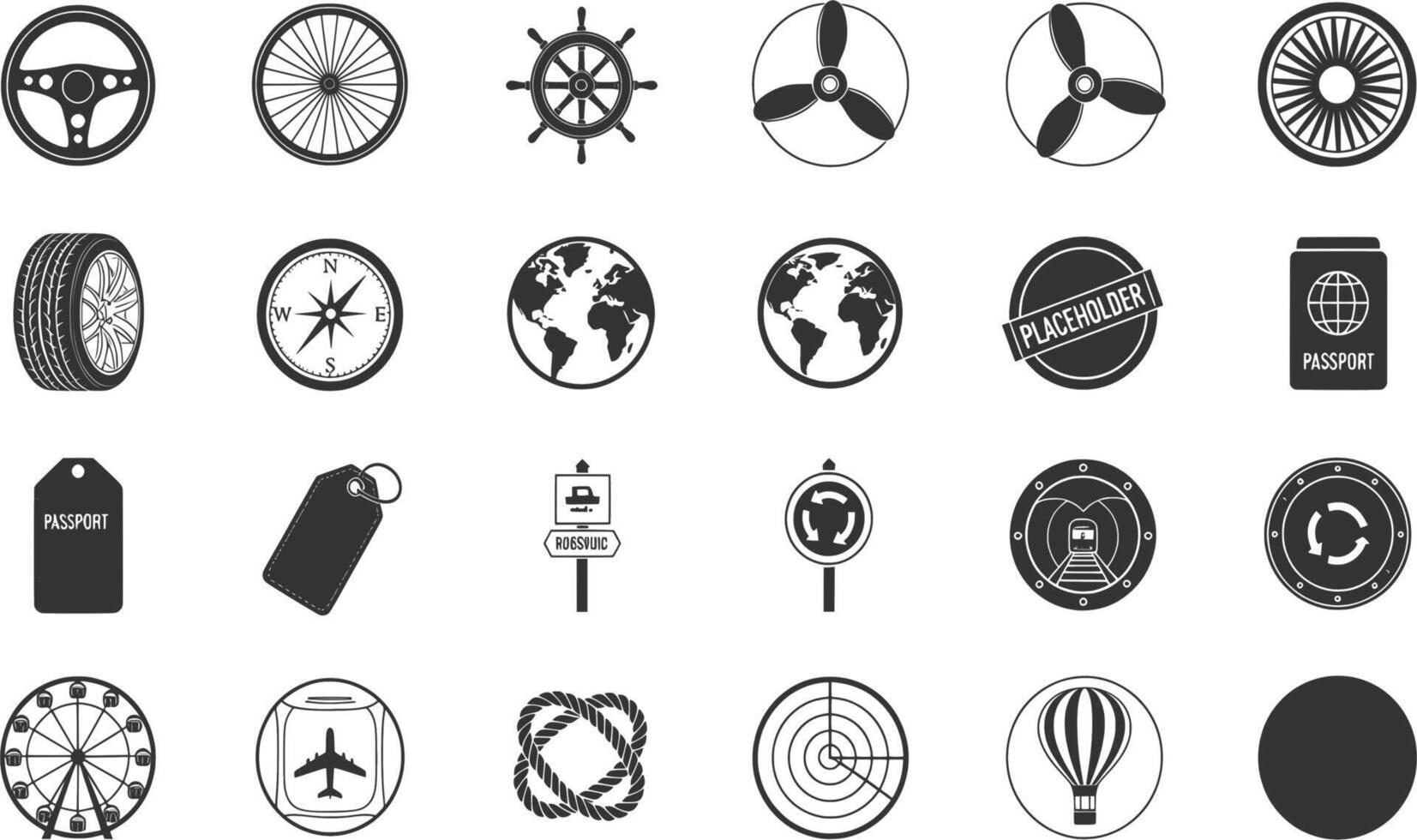 A set of black and white icons that include a globe, airplane, wheel, and other items vector