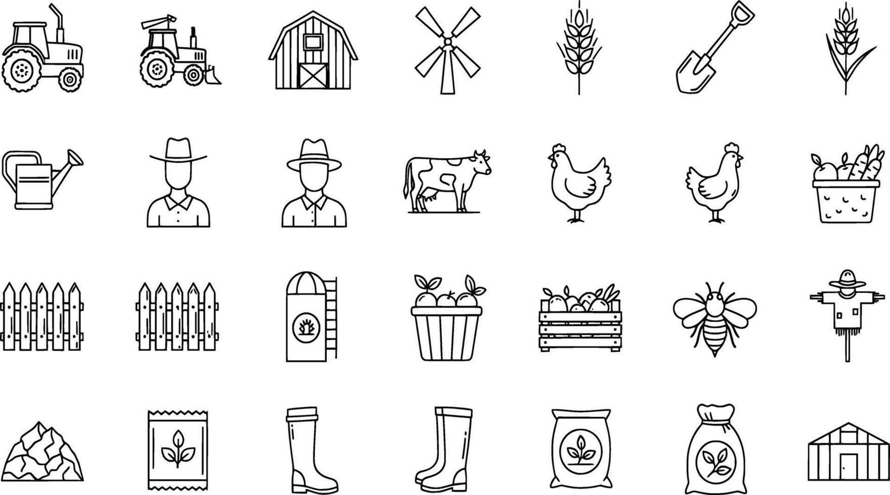 Farm icons set, line art illustration vector