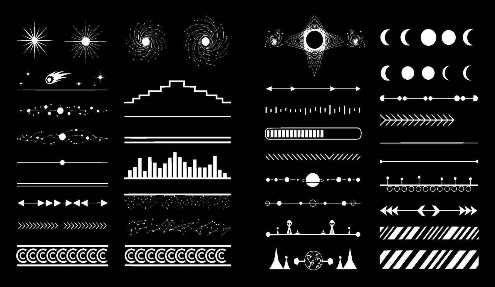 A set of different shapes and lines on a black background vector