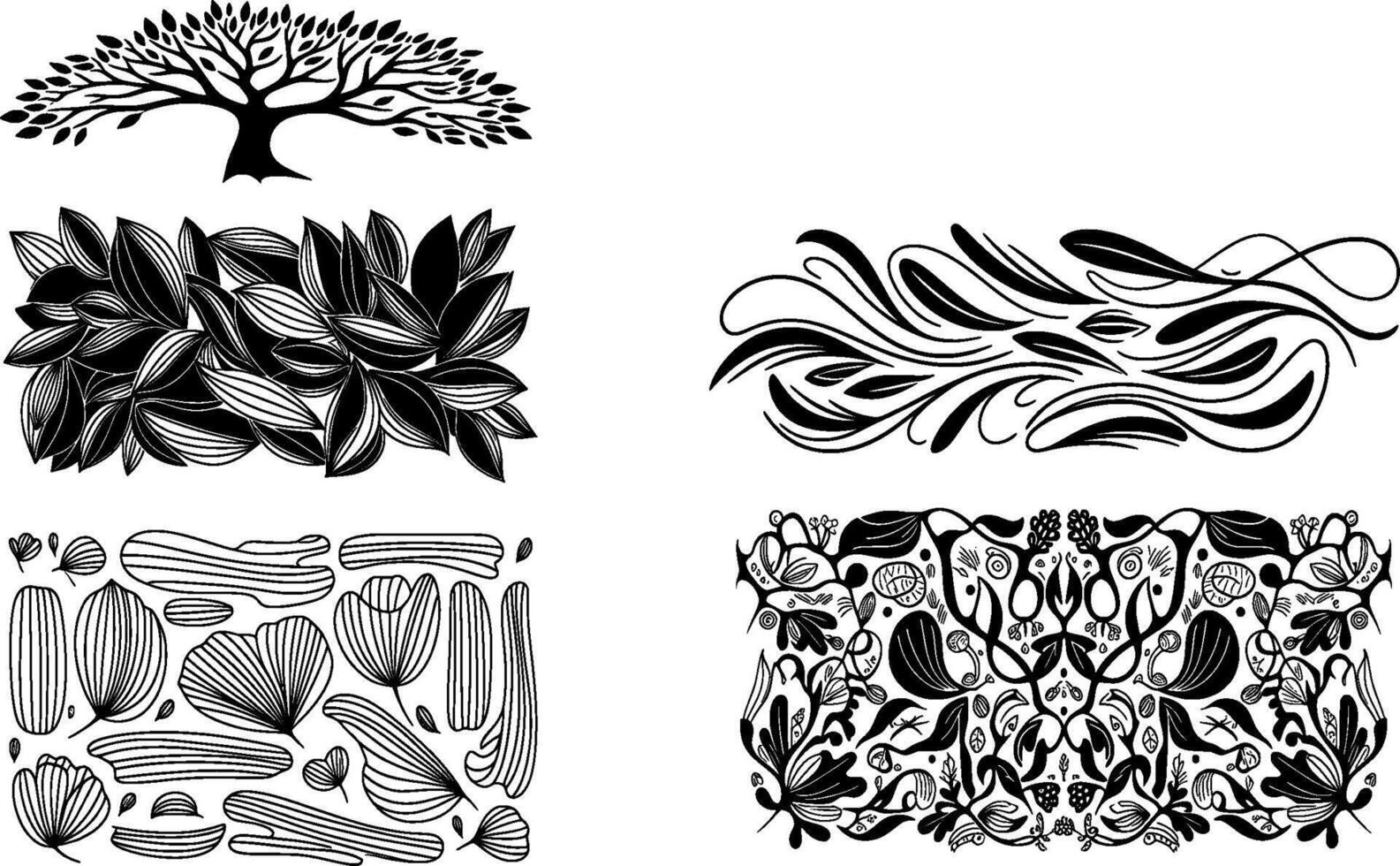 A set of four black and white designs with trees and leaves vector