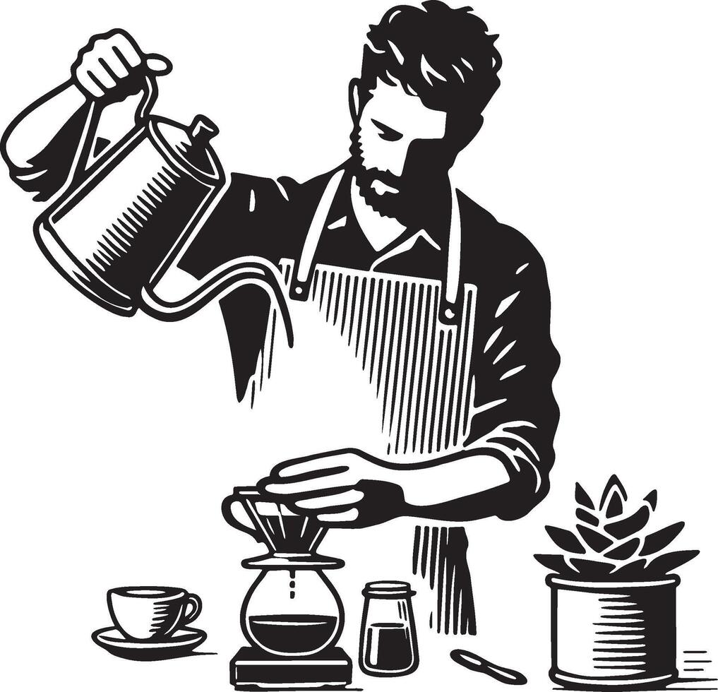 A Male Barista Hand Drip Coffee. vector