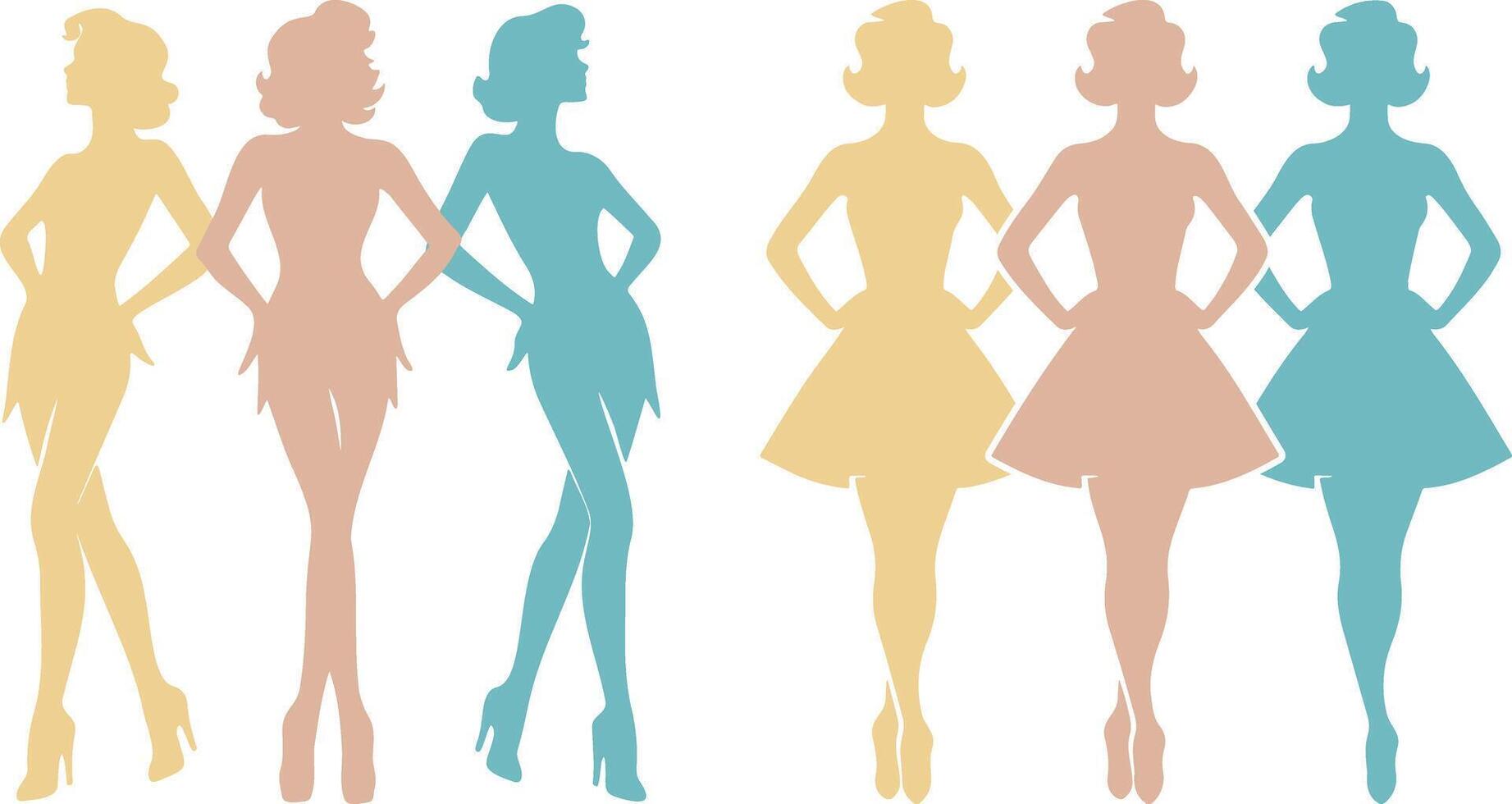 Cancan Dancers Pale Color Silhouette Set. vector