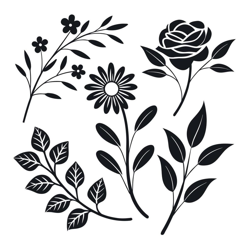 Black Floral Sketch Silhouettes of Roses, Daisies, and Leafy Botanical Elements vector