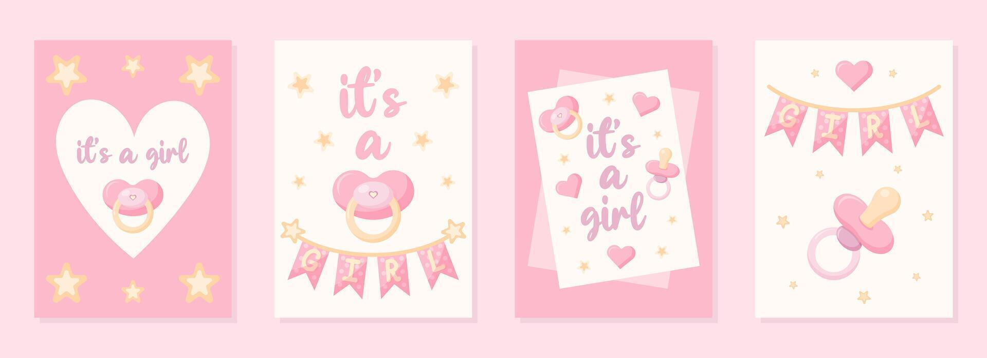 Gentle set postcards It's a girl. 4 Posters with baby Dummy for gender reveal party in pink tones. illustration. vector