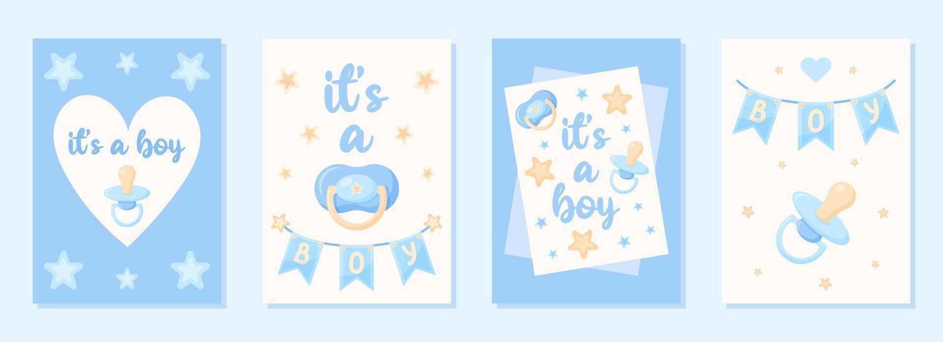 Gentle set postcards It's a boy. 4 Posters with baby Dummy for gender reveal party in blue tones. illustration. vector
