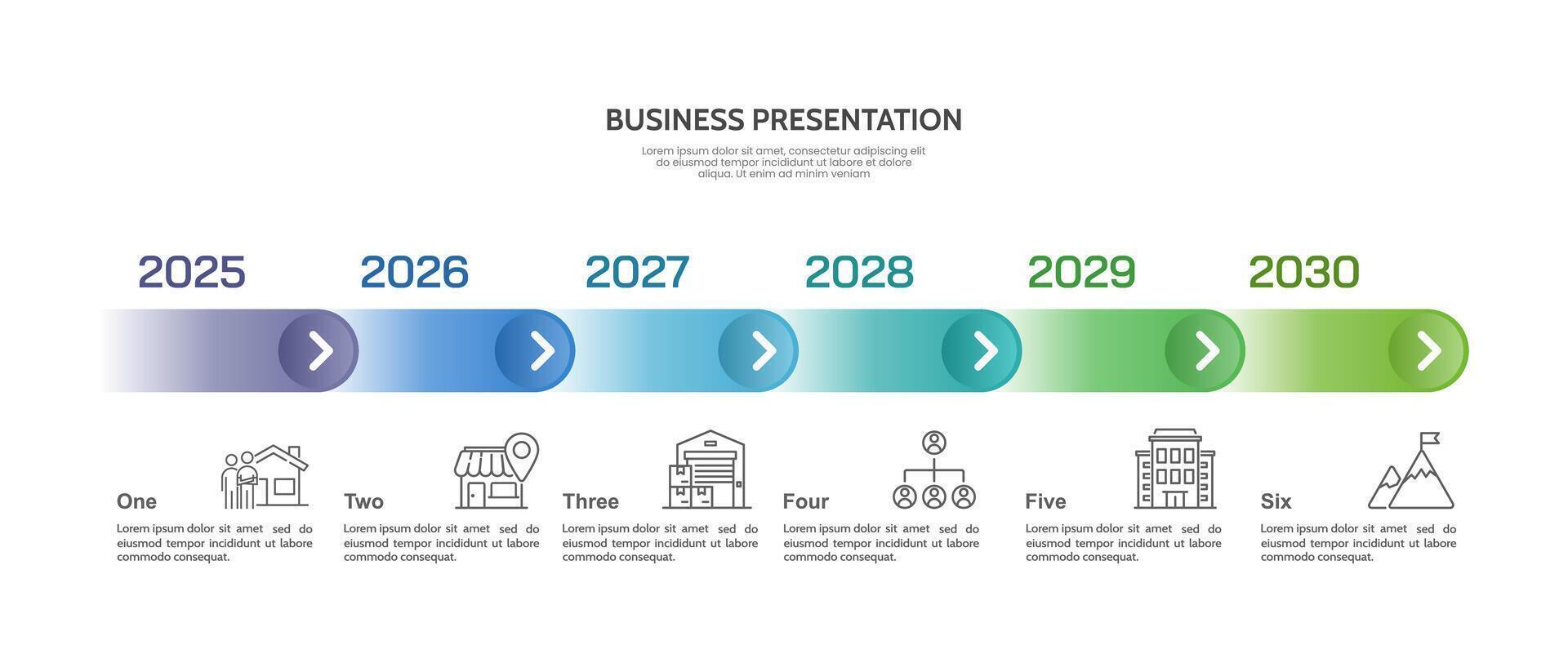 6 Year Business Development Timeline Infographic with Company Milestones. Anniversary, Business presentation and Plan. vector