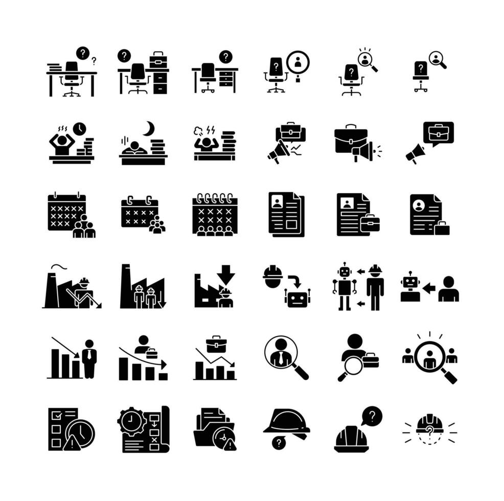 Labor shortage crisis icon set. Glyph style with black silhouette design. Includes hiring issue, worker gap, employee burnout, job vacancy, recruitment delay, automation risk, and factory impact. vector