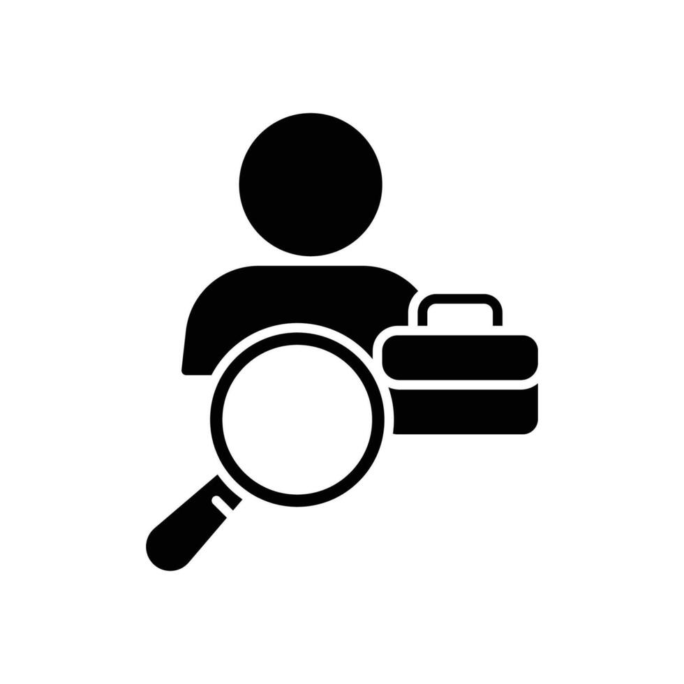 Job Search Icon. Glyph Style. Employee Looking for Work with Briefcase and Magnifying Glass. Labor Shortage, Hiring, Recruitment, and Employment Search Concept Illustration vector