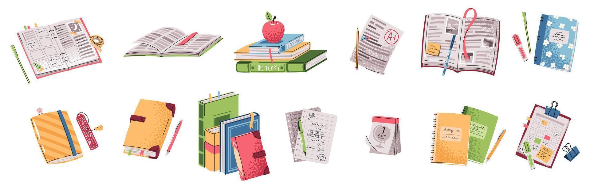 Colorful school supplies and notebooks vector