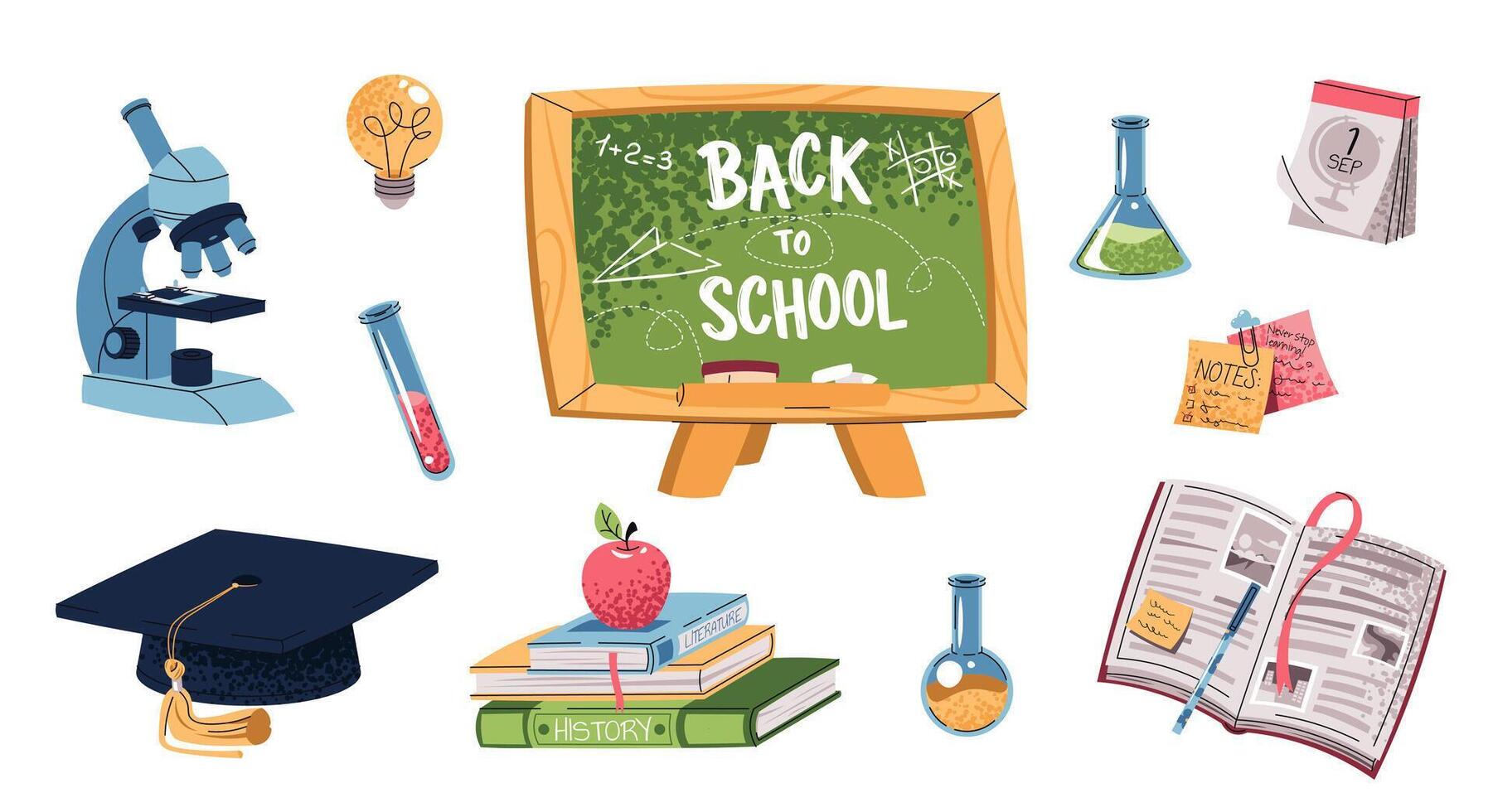 School Essentials Set in Flat Design. Chalkboard, Textbooks, Microscope, Graduation Cap. Education set for Science Projects, Graduation Themes. Ideal for University Branding, Educational Content. vector