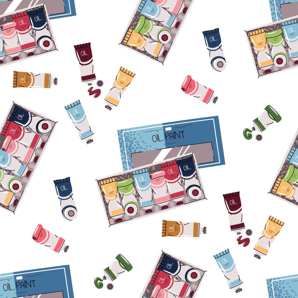 Seamless Pattern with Oil Paint Tubes and Wooden Box. Artist Supplies Design for Textile Printing, Wallpaper, Wrapping Paper and Stationery. Perfect for Fabric, Art Decor vector