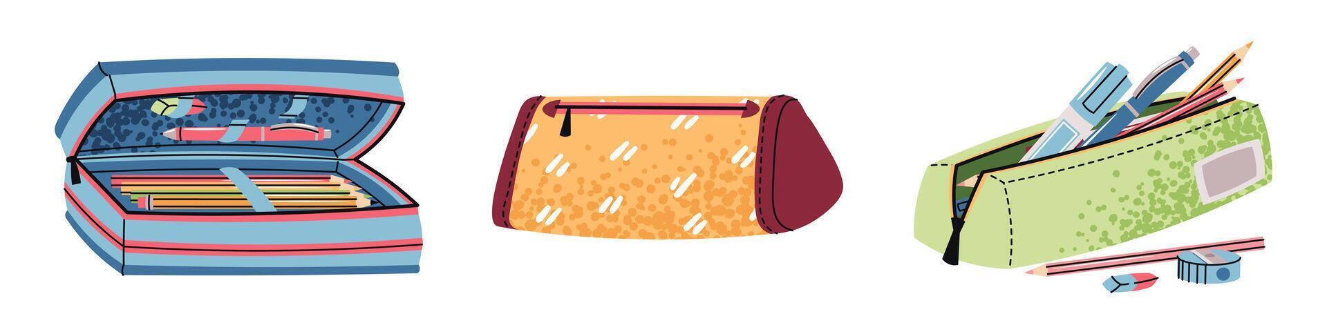 Kids Pencil Cases Set in Flat Style on White Background. Colorful School Supplies Collection for Boys and Girls. Perfect for Back to School Campaigns, Children's Stationery vector
