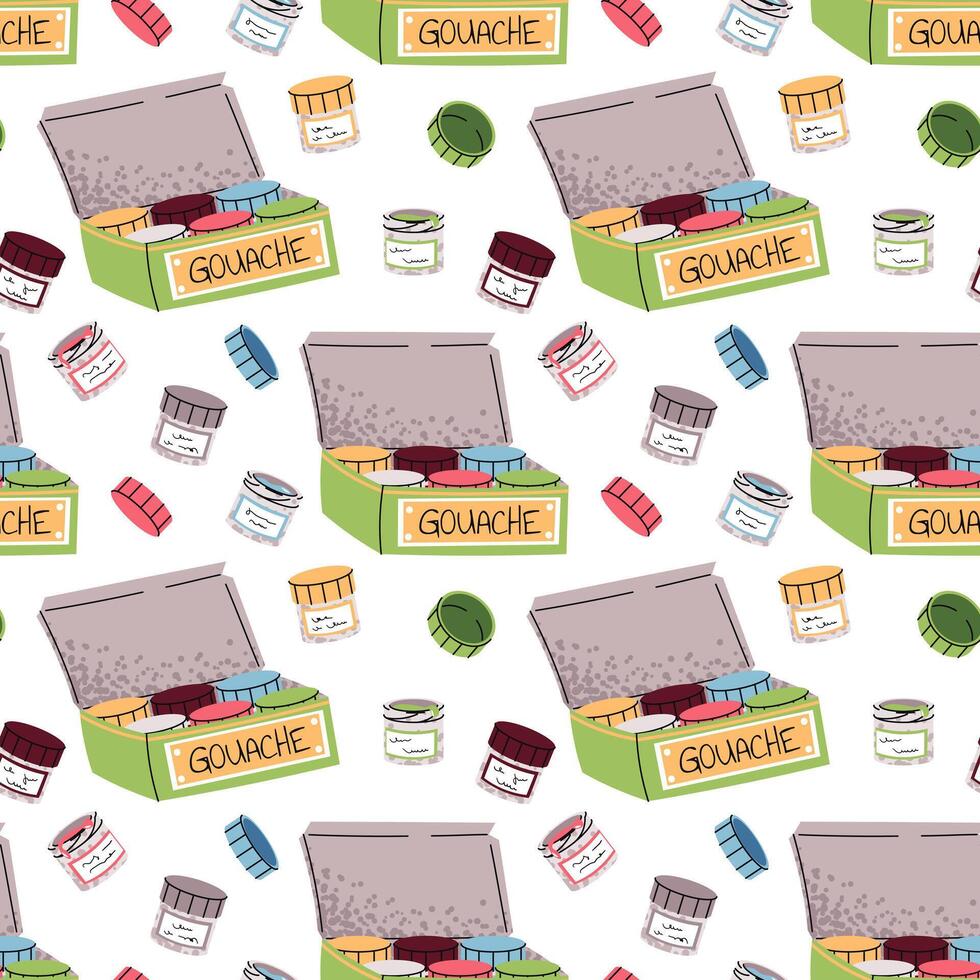 Seamless Pattern with Gouache Jars and Paint Box. Artist Supplies Design for Textile Printing, Wallpaper, Wrapping Paper and Stationery. Perfect for Fabric, School Decor vector