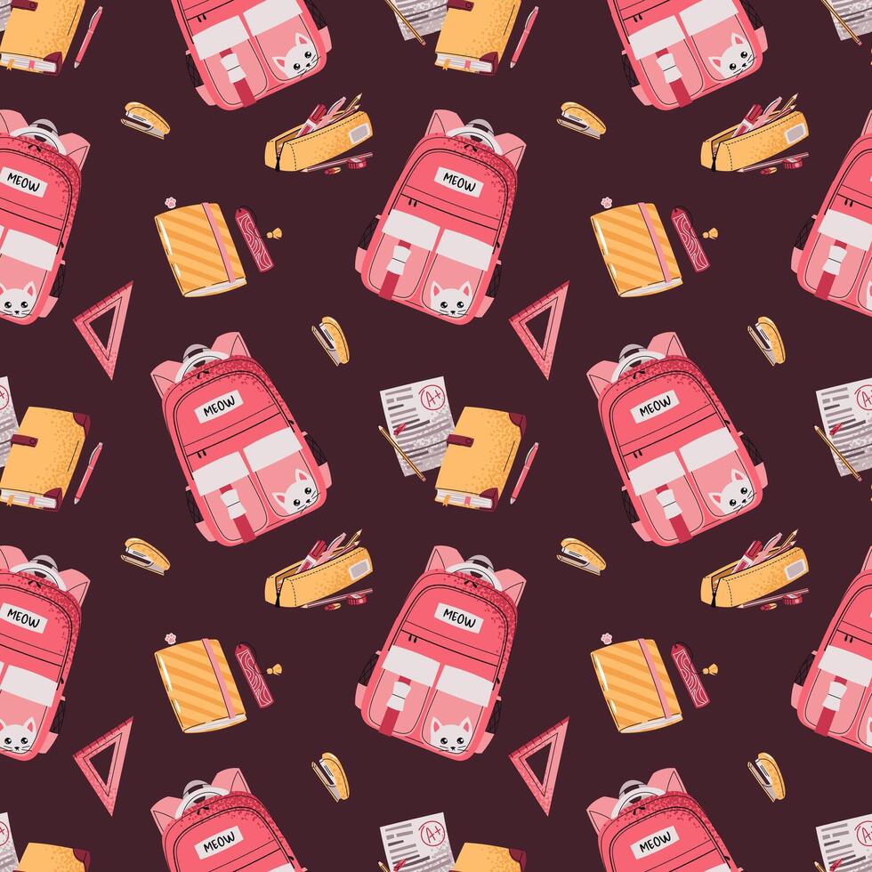 Seamless Pattern with Pink Girls Backpack, Notebook and Pencil Case. Background for Children's Textiles, Wallpaper, wrapping paper and Stationery Packaging vector