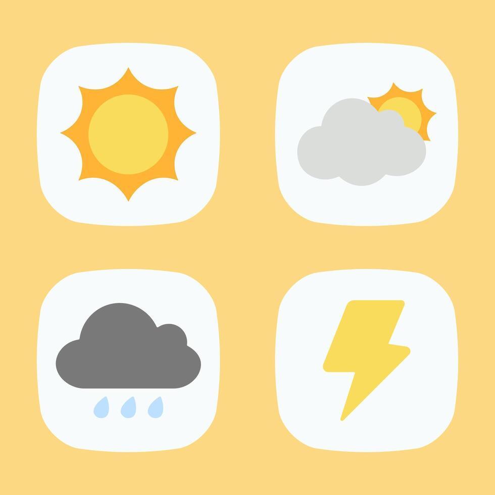 A collection of four simple weather condition icons sun, partly cloudy, rain, and lightning bolt. Flat design graphic elements isolated on a yellow background for app or web use vector