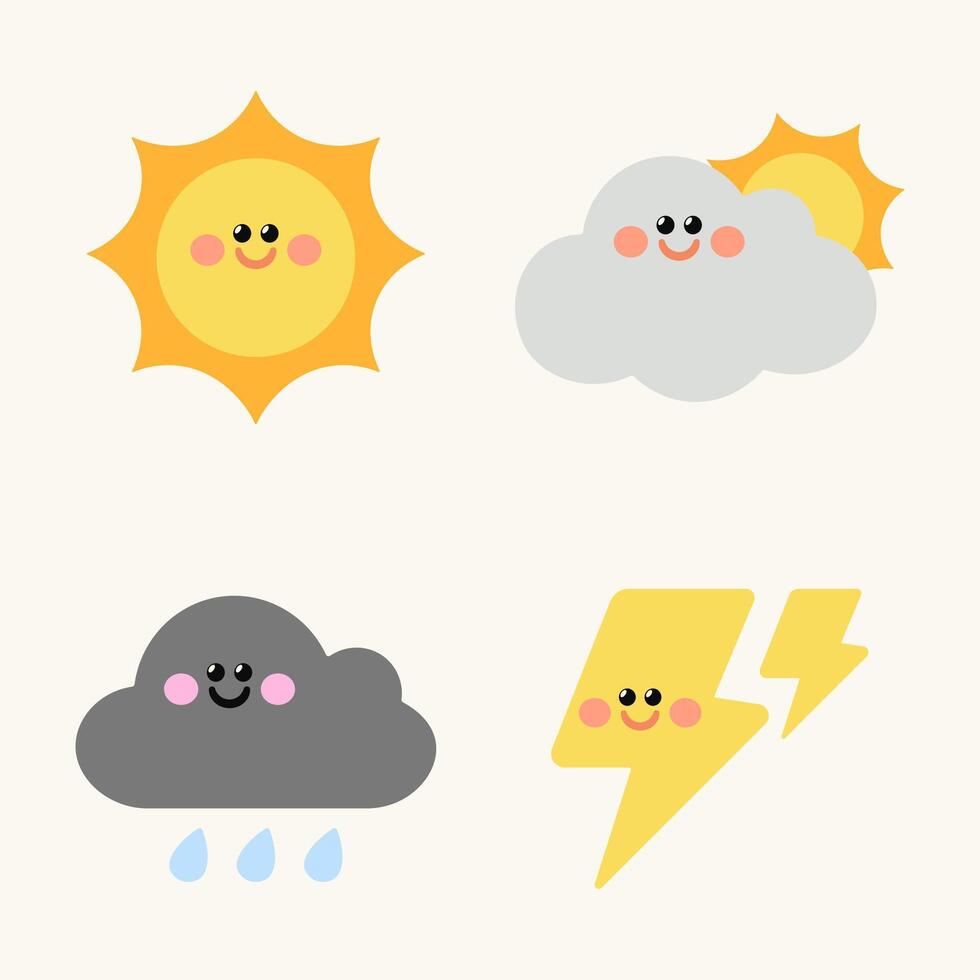 A set of four adorable cartoon weather icons with cute smiling faces. Includes sunny, partly cloudy, rainy, and thunderstorm elements. Flat illustration for kids and cute design projects vector
