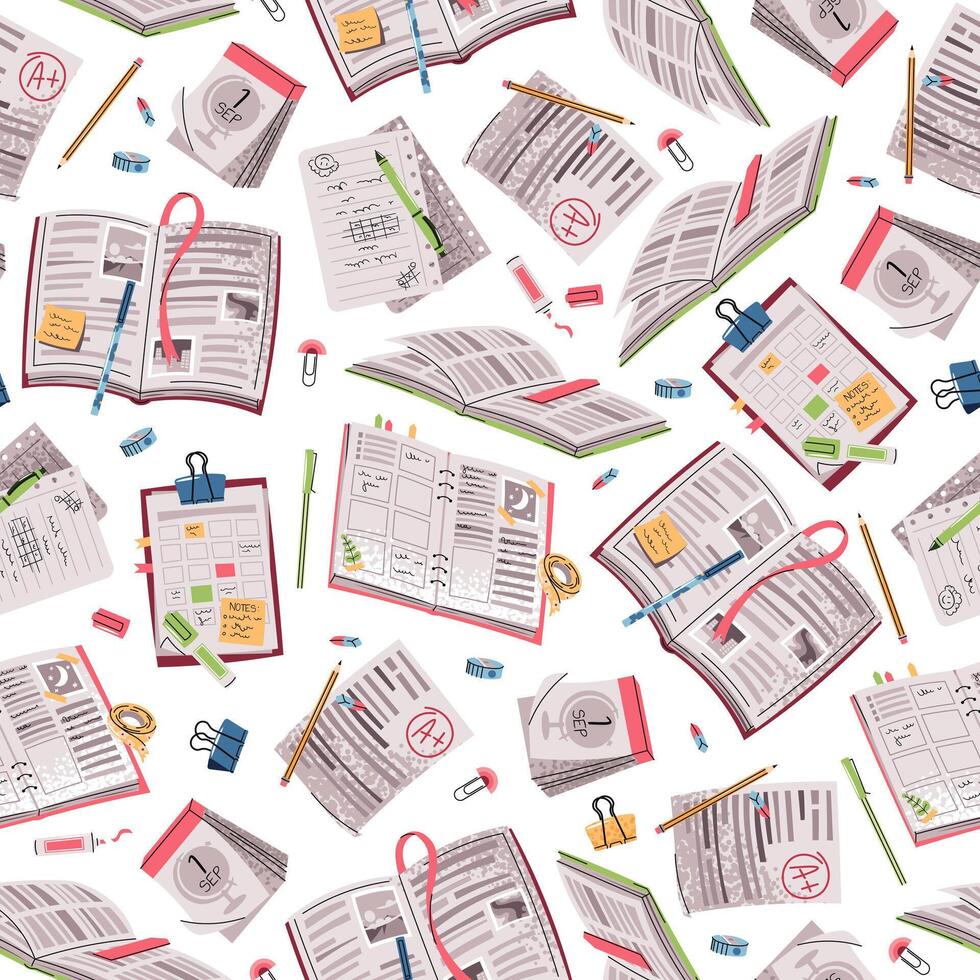 Seamless pattern with open books, notebooks, stationery. Flat design school background for textile, wallpaper, wrapping paper, school supplies. Ideal for decor, educational material vector