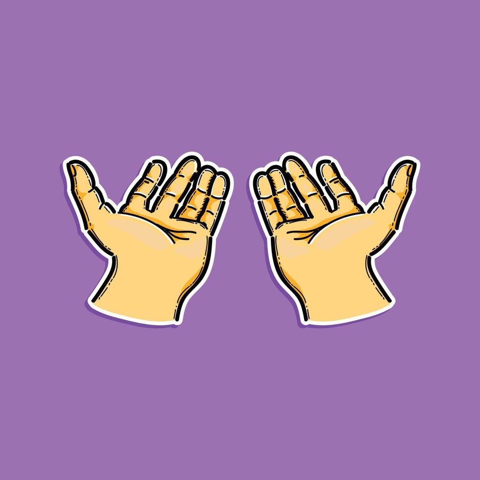 Illustration of two open hands in a cartoon style displayed on a vibrant purple backdrop. Perfect for visual communication, concepts of giving, receiving, or connection in graphic designs. vector
