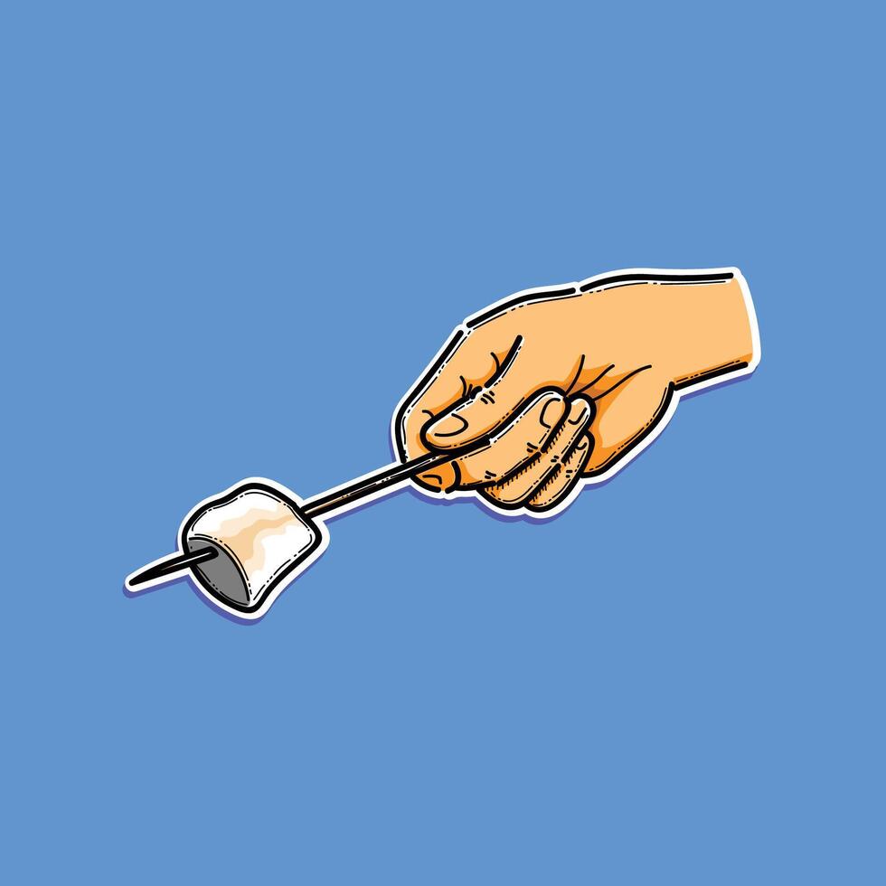 Illustration of a hand gripping a skewer with a marshmallow, on a vibrant blue background. vector