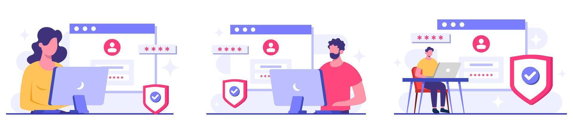 Designs of Personal data protection, Cyber security, Internet security or information privacy, Password protection flat illustrations for landing page, flyer, web banner, infographic vector