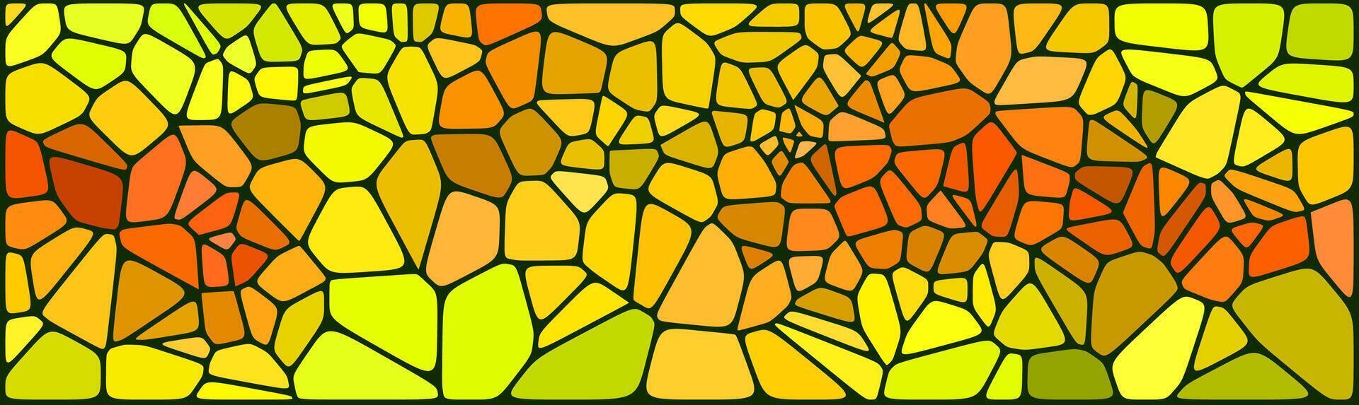 An abstract mosaic pattern with irregular shapes in shades of green, yellow, and orange, creating a vibrant and dynamic stained glass effect. vector