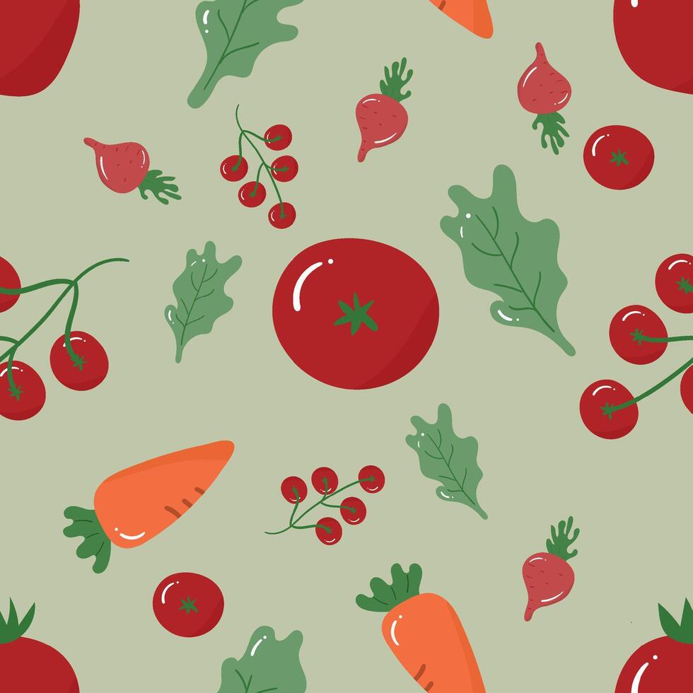 Carrot, beetroot, tomato, and lettuce on a green background. Food seamless pattern for clothing, fabric, wallpaper, backdrop, home decoration, cover book, and wall art. vector