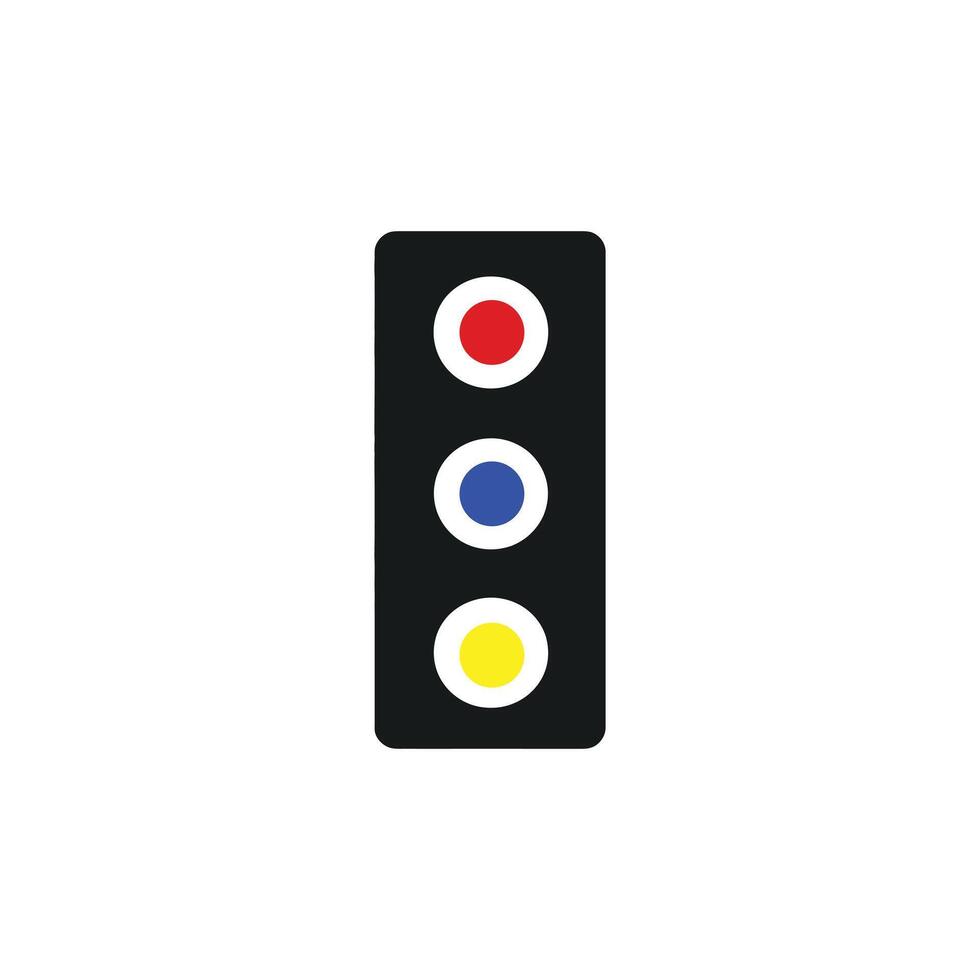Black traffic light icon with red, blue, and yellow lights on white background vector