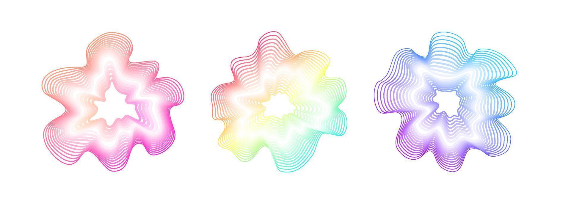 Sound iridescent circular waves. Abstract wavy gradient circles. Minimalistic sound neon lines, radial spectrum. Colorful cover for music poster and banner. vector