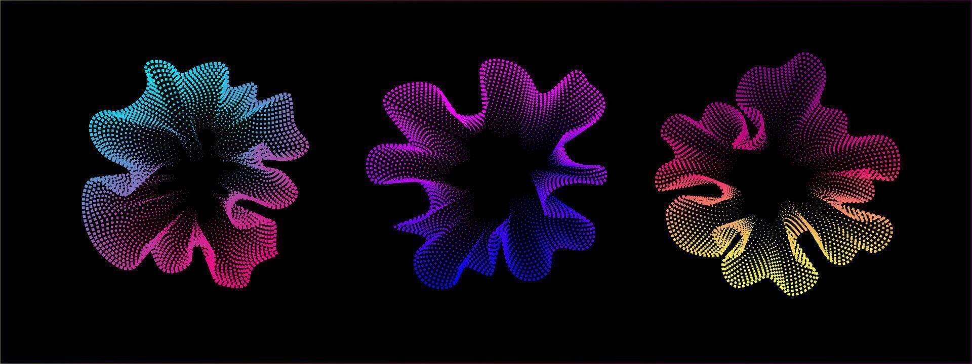 Set of multicolored abstract sound dots wave oscillations. Sound curve. Digital equalizer. Colorful neon template for music poster and banner. radial spectrum. vector