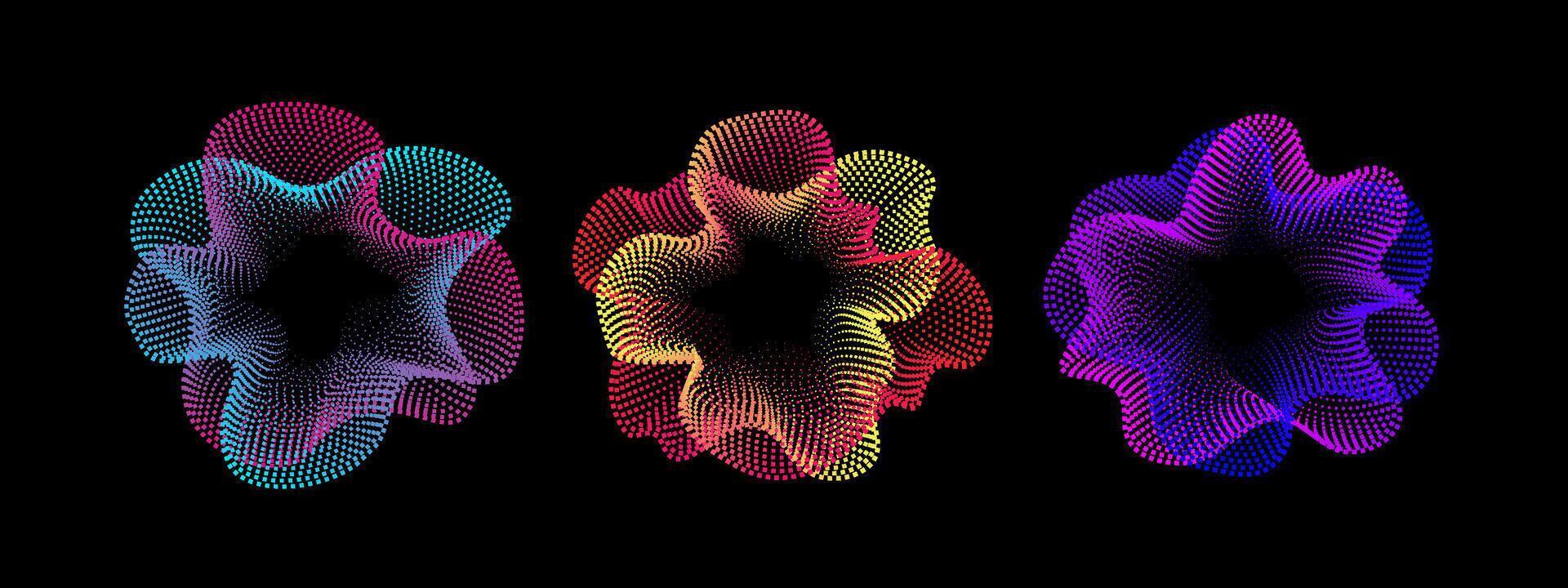 Set of multicolored neon abstract sound dots wave oscillations. Sound curve. Digital equalizer. Colorful template for music poster and banner. radial spectrum. vector