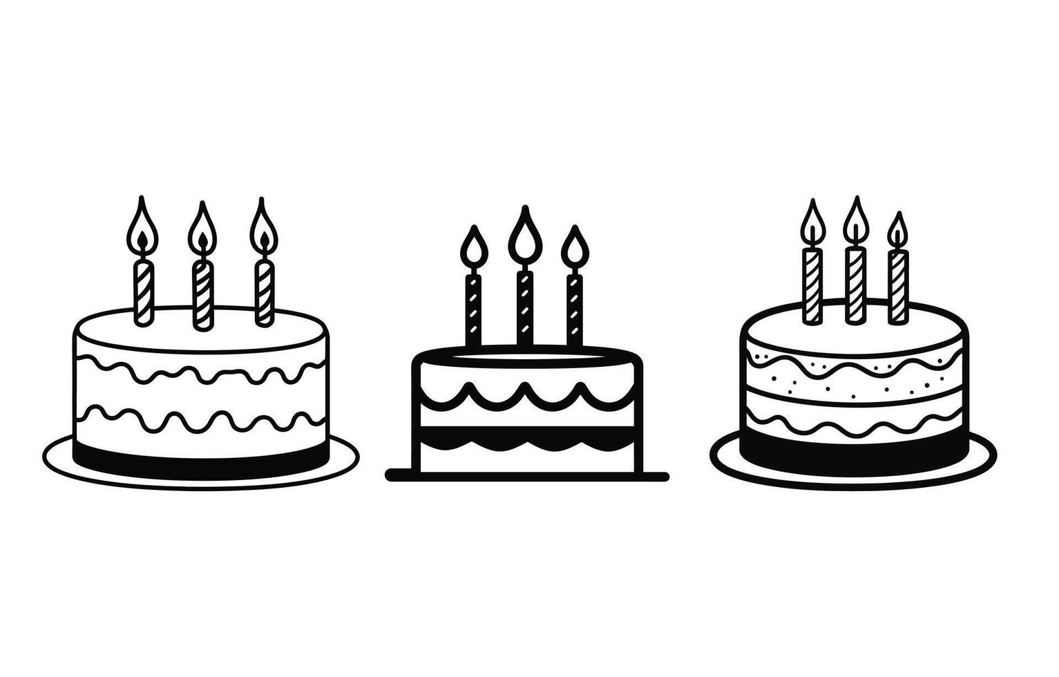Black outline icons of three different cakes with lit candles on white vector