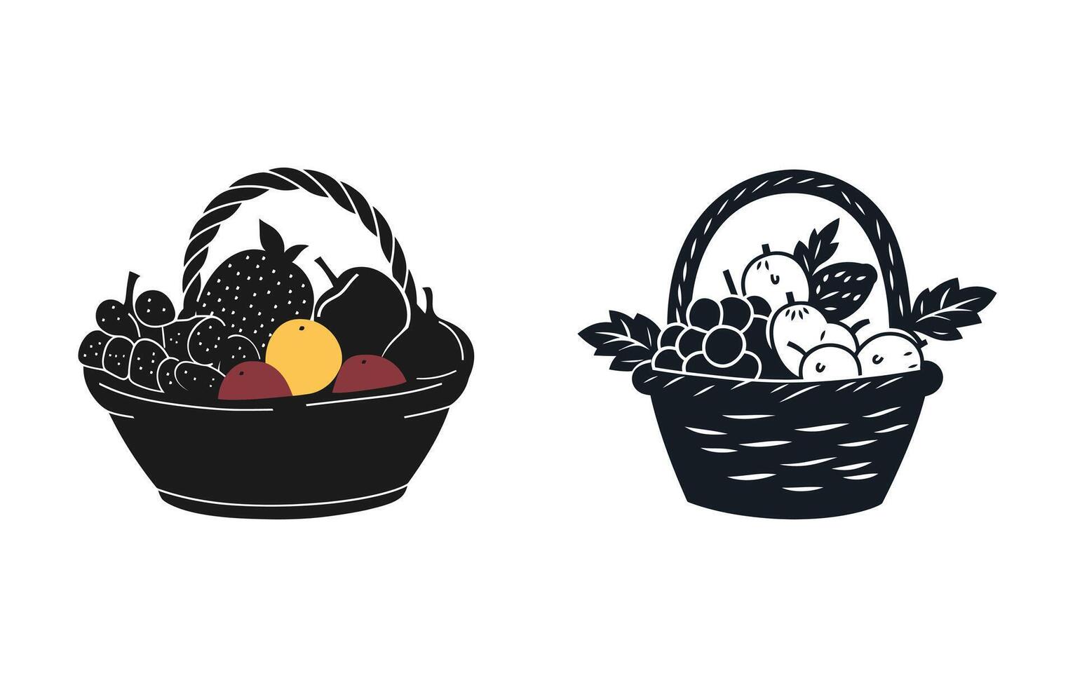 Two black illustration of fruit baskets with grapes, apples, strawberry and peach vector