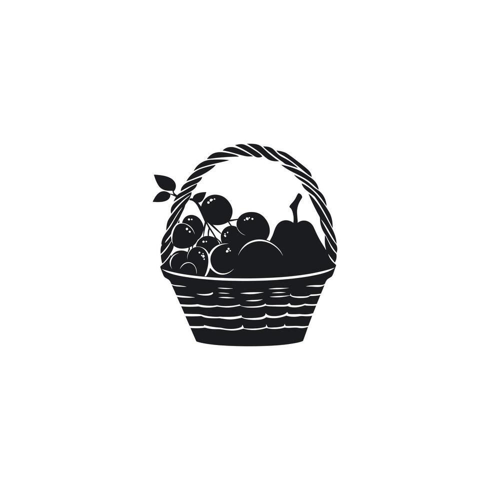Black icon of fruit basket with cherries, grapes, and a pear vector