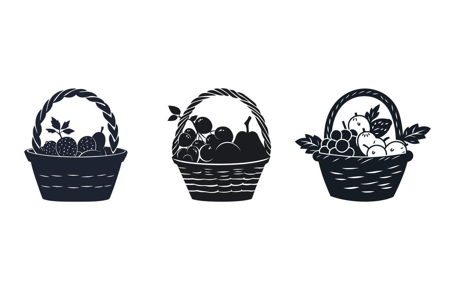 Black icon set of fruit baskets with various fruits on white background vector