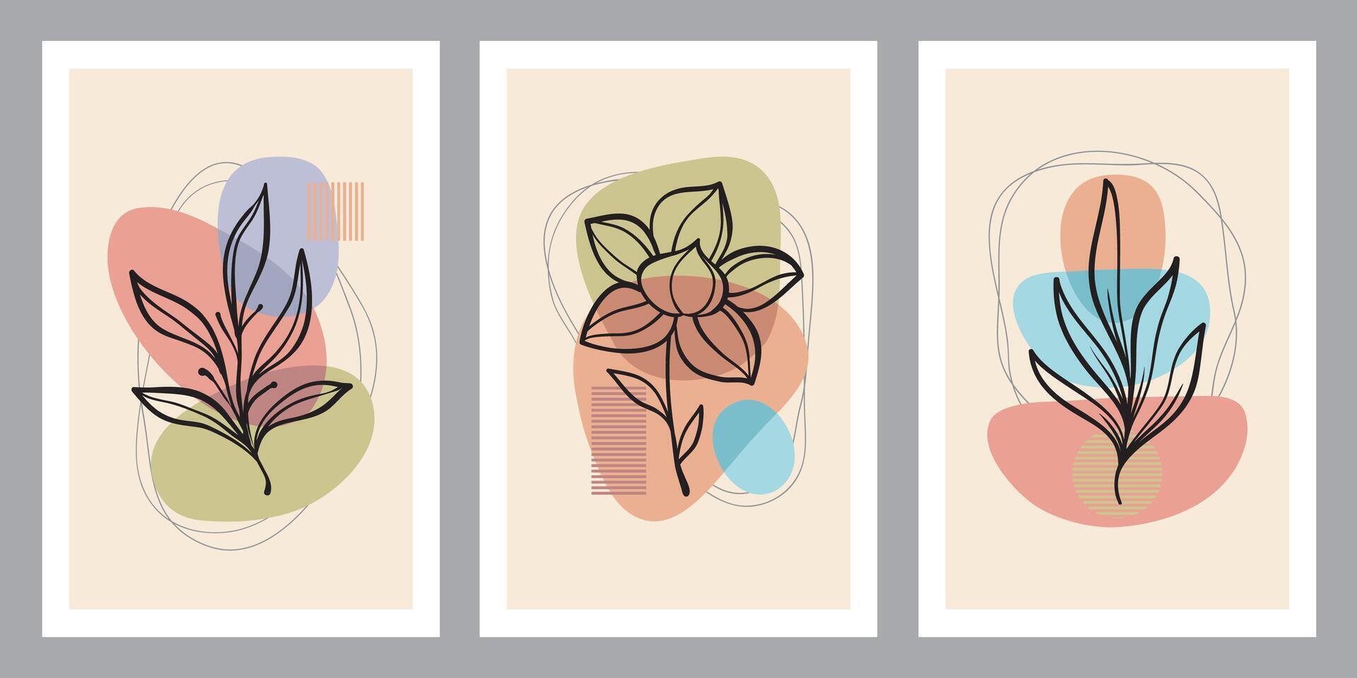 A collection of contemporary art posters in pastel colors. Abstract paper cutouts with geometric elements and strokes, leaves, and dots. Great designs for social media and postcards. vector