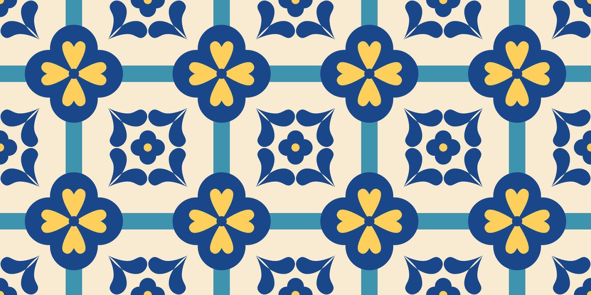 Greek summer seamless pattern. Mediterranean geometric floral background. Endless tiles border. Portugal, Italian, Moroccan, Turkish, Spanish, Damask ornament. Blue and yellow azulejo. . vector