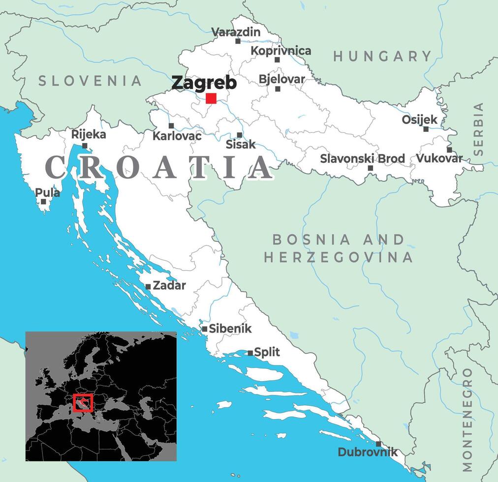 Map of Croatia showing major cities, coastal access to the Adriatic Sea, and borders with nearby countries in Southern Europe vector