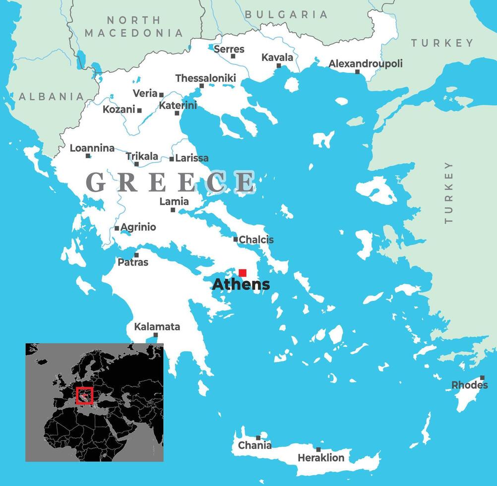 Political map of Greece showing major cities, national borders, coastal islands, and its location in Europe vector