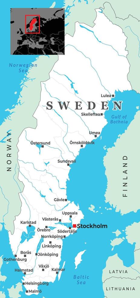 Political map of Sweden highlighting major cities, territorial borders with neighboring countries vector