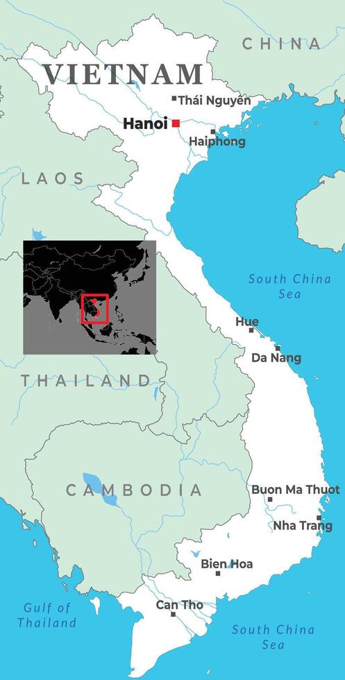 Map of Vietnam showing major cities, borders with neighboring countries vector