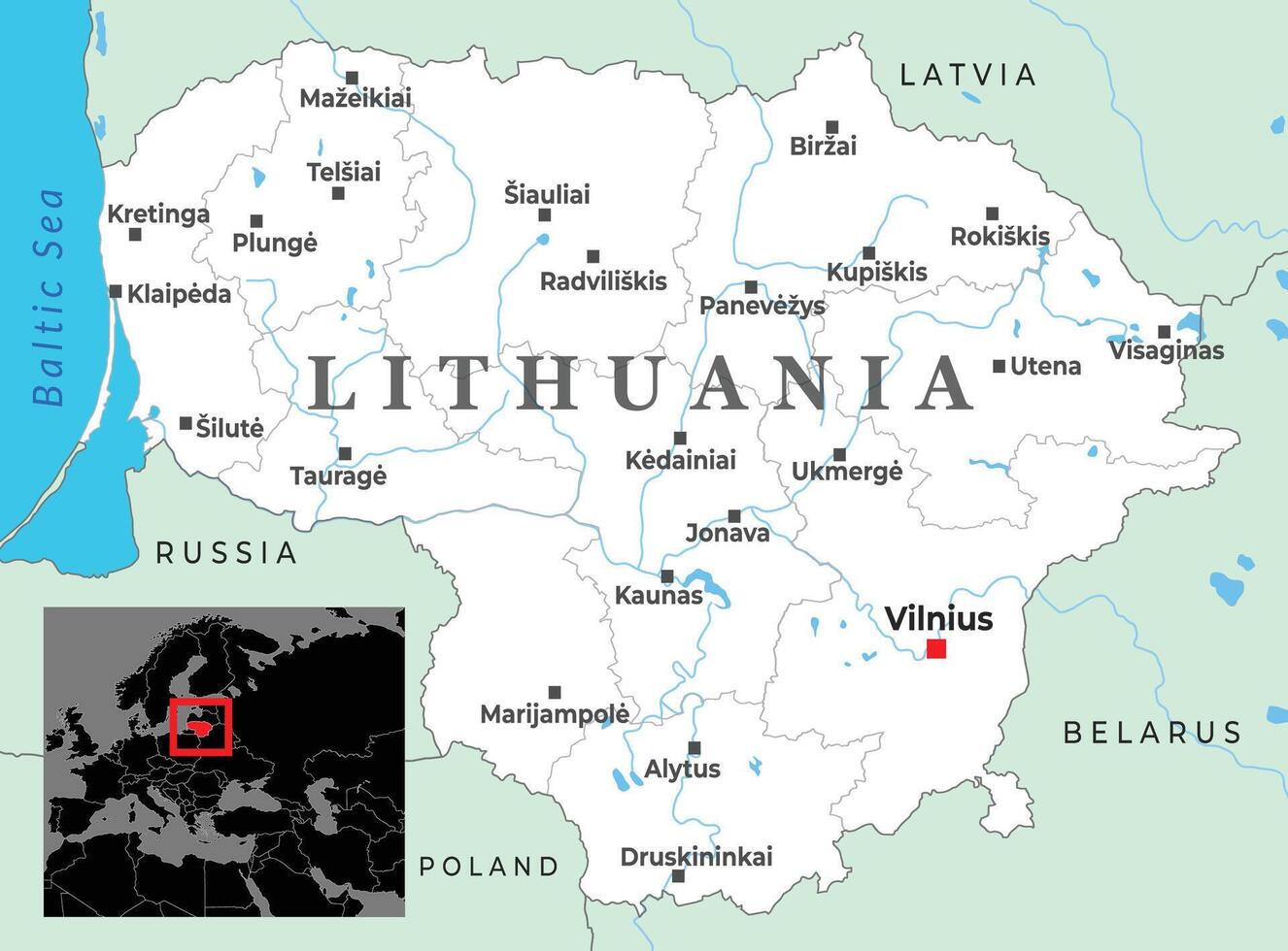 Political map of Lithuania highlighting major cities, national borders with neighboring countries vector
