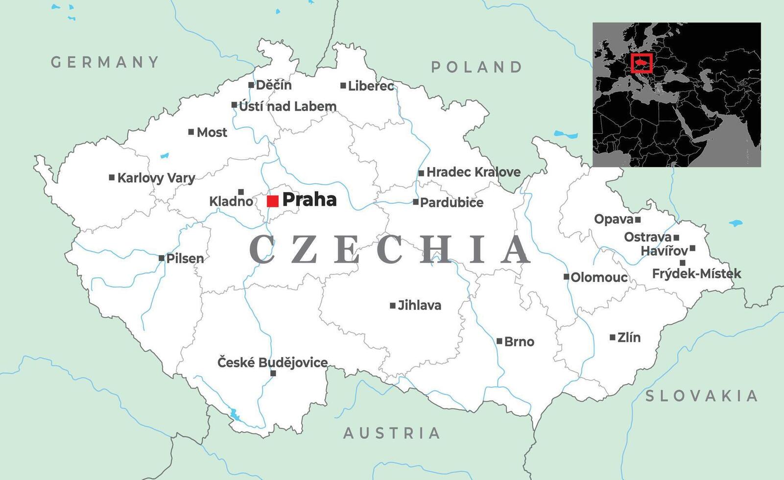 Map of Czechia showing key cities like Prague, Brno, Ostrava, and its borders with Germany, Poland, Slovakia, and Austria, placed in Central Europe vector