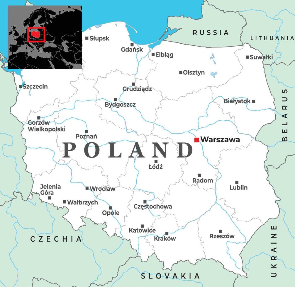 Political map of Poland showing major cities, national borders, and its central location in Eastern Europe with Warsaw highlighted prominently vector
