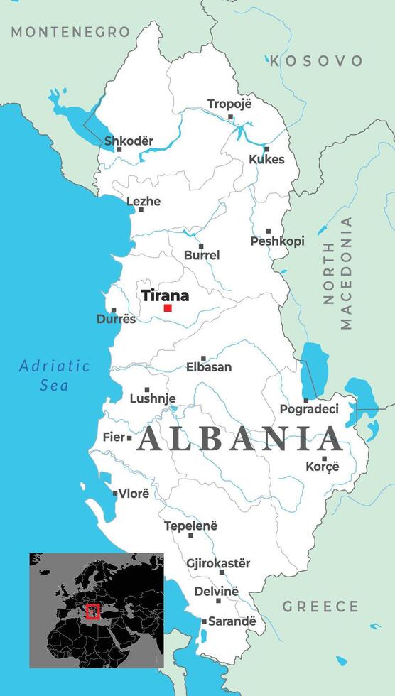 Map of Albania showing major cities, borders with neighboring countries, and coastal access to the Adriatic Sea in Southeastern Europe. vector