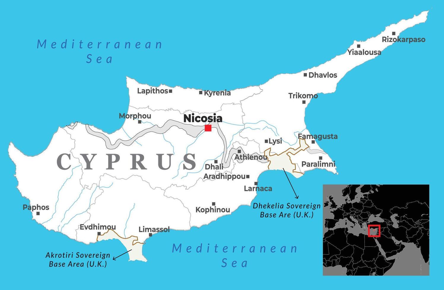 Map of Cyprus highlighting major cities such as Nicosia, Limassol, Larnaca, and Paphos, along with U.K. sovereign base areas and surrounding Mediterranean waters vector