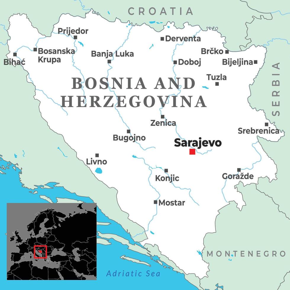 Map of Bosnia and Herzegovina showing major cities, nearby borders, and Adriatic coastal access within Southern Europe. vector