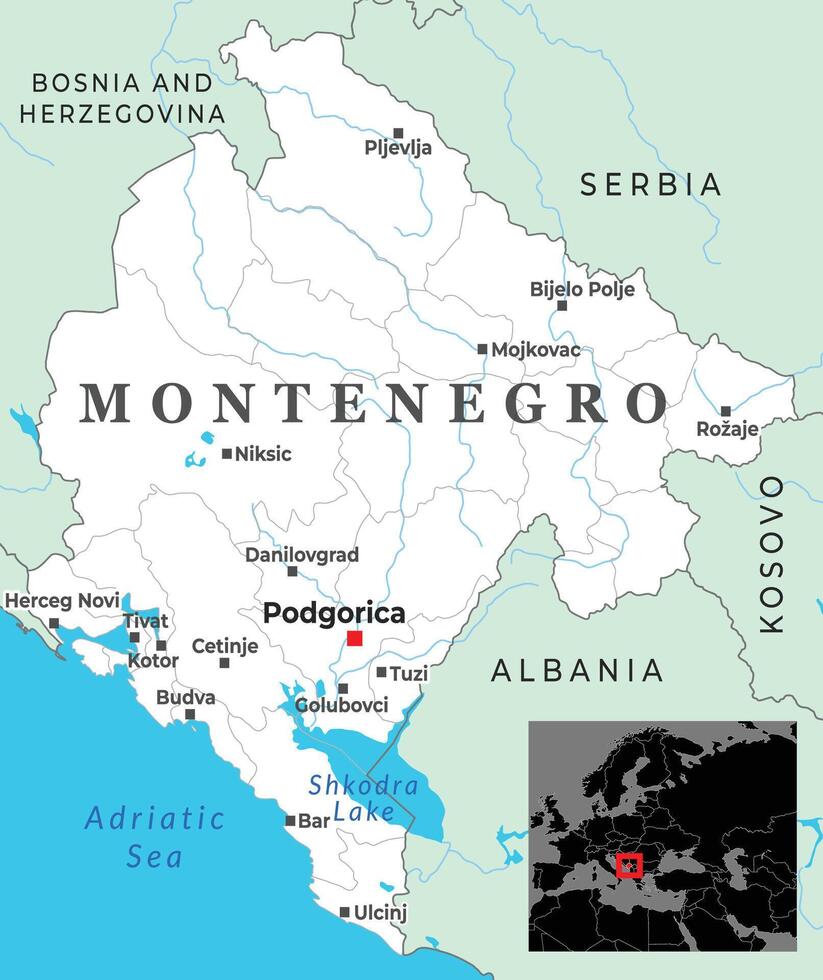 Political map of Montenegro displaying major cities, coastal zones along the Adriatic Sea, and neighboring borders within Southeast Europe vector