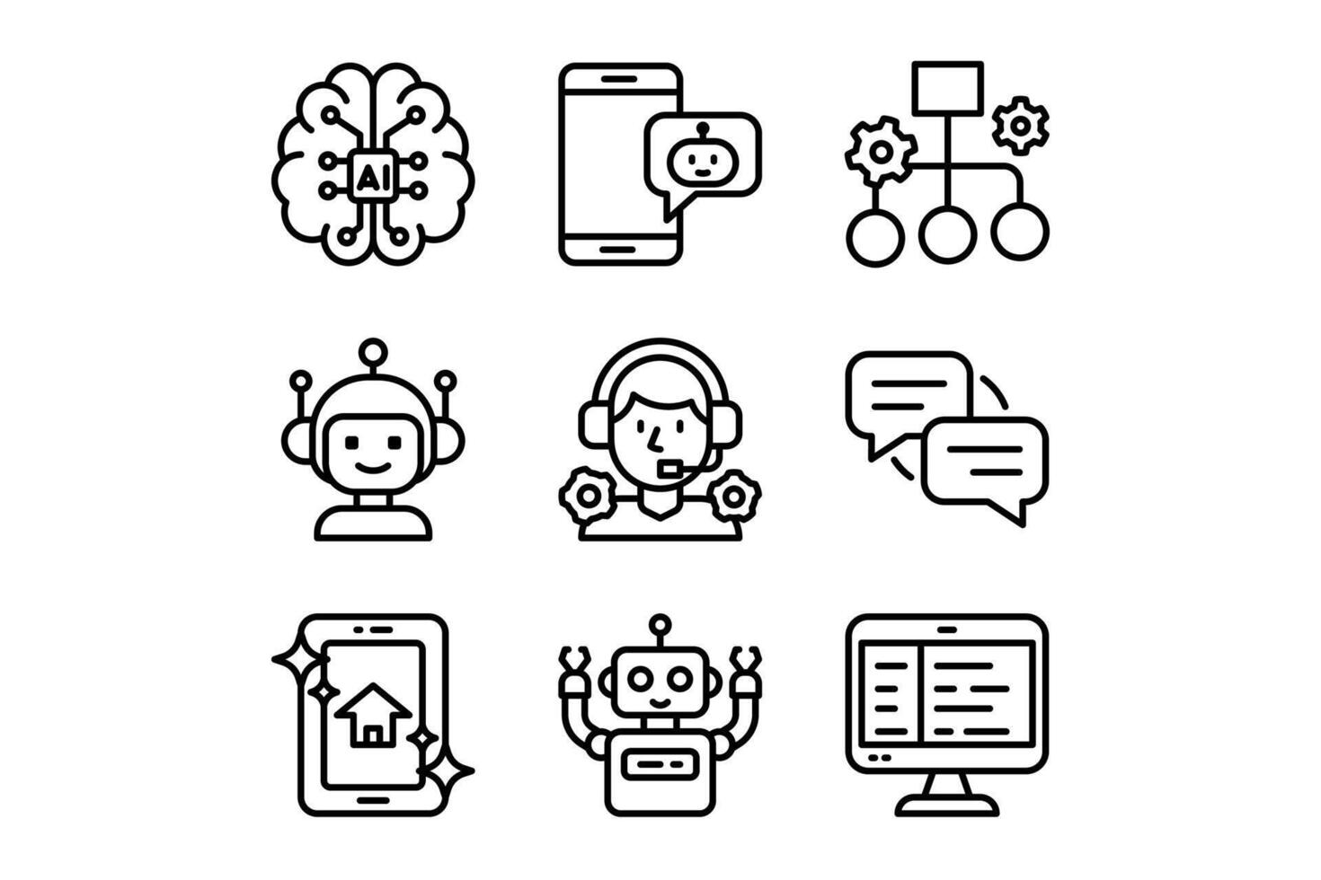 AI chatbot outline style icons set featuring AI, chatbot, voice assistant, digital communication, and tech tools. line style artificial intelligence symbols. automation and tech UI elements vector