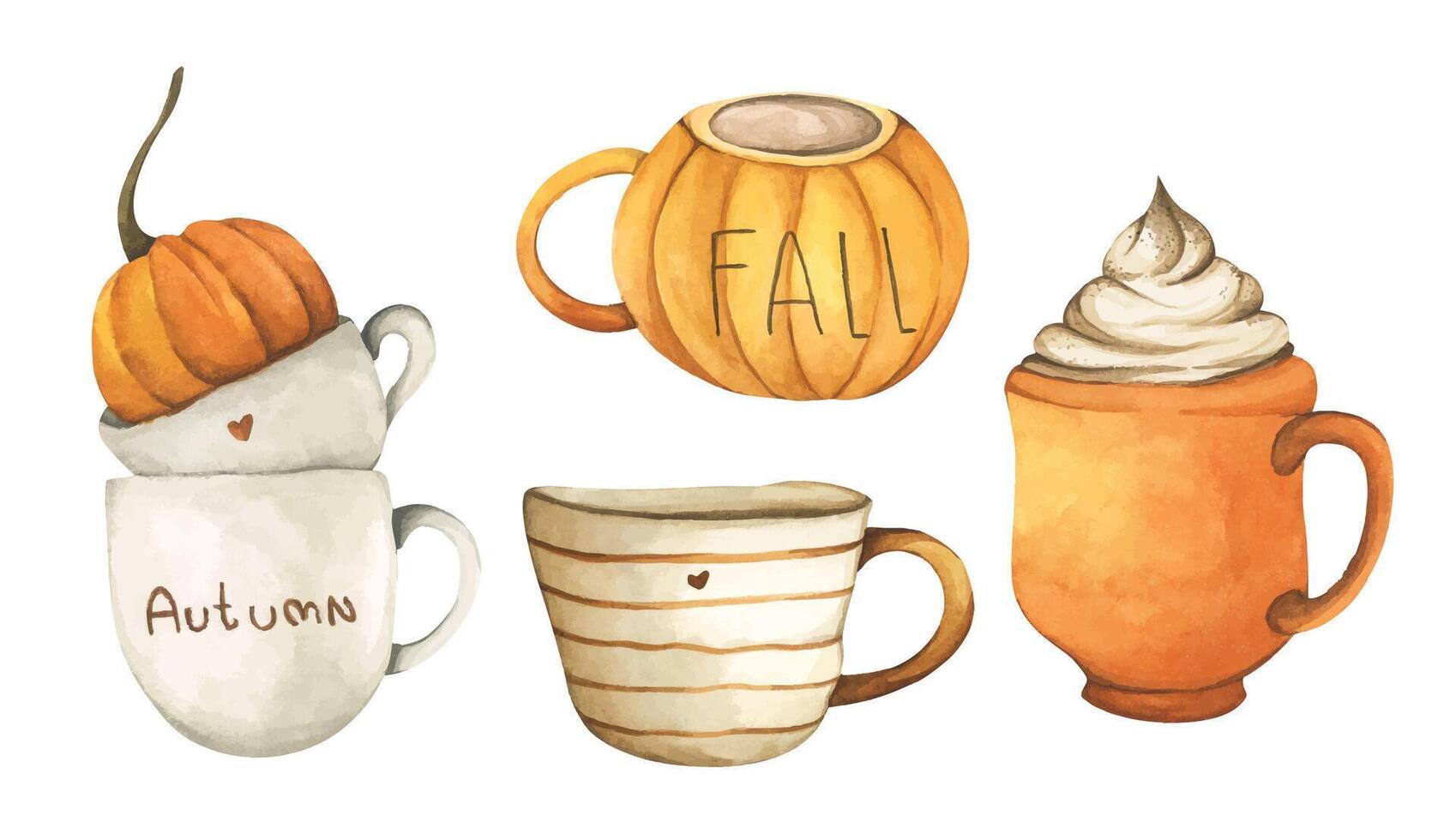 Hand Drawn Tea and Coffee Cups, Rustic Autumn Mood, Cozy Breakfast Beverage in Watercolor vector