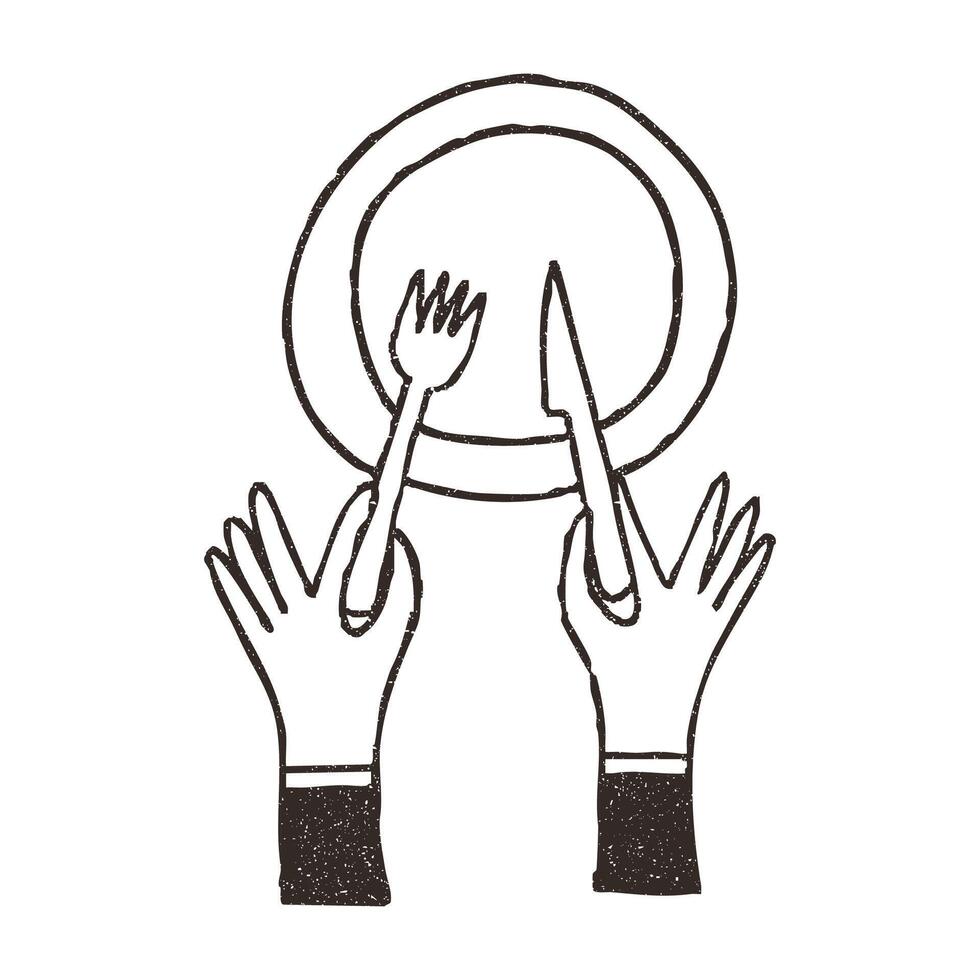 Hands with knife and fork above empty plate, cartoon doodle illustration isolated on white background. Hand drawn outline art with grunge texture. Concept of cafe and restaurant. vector